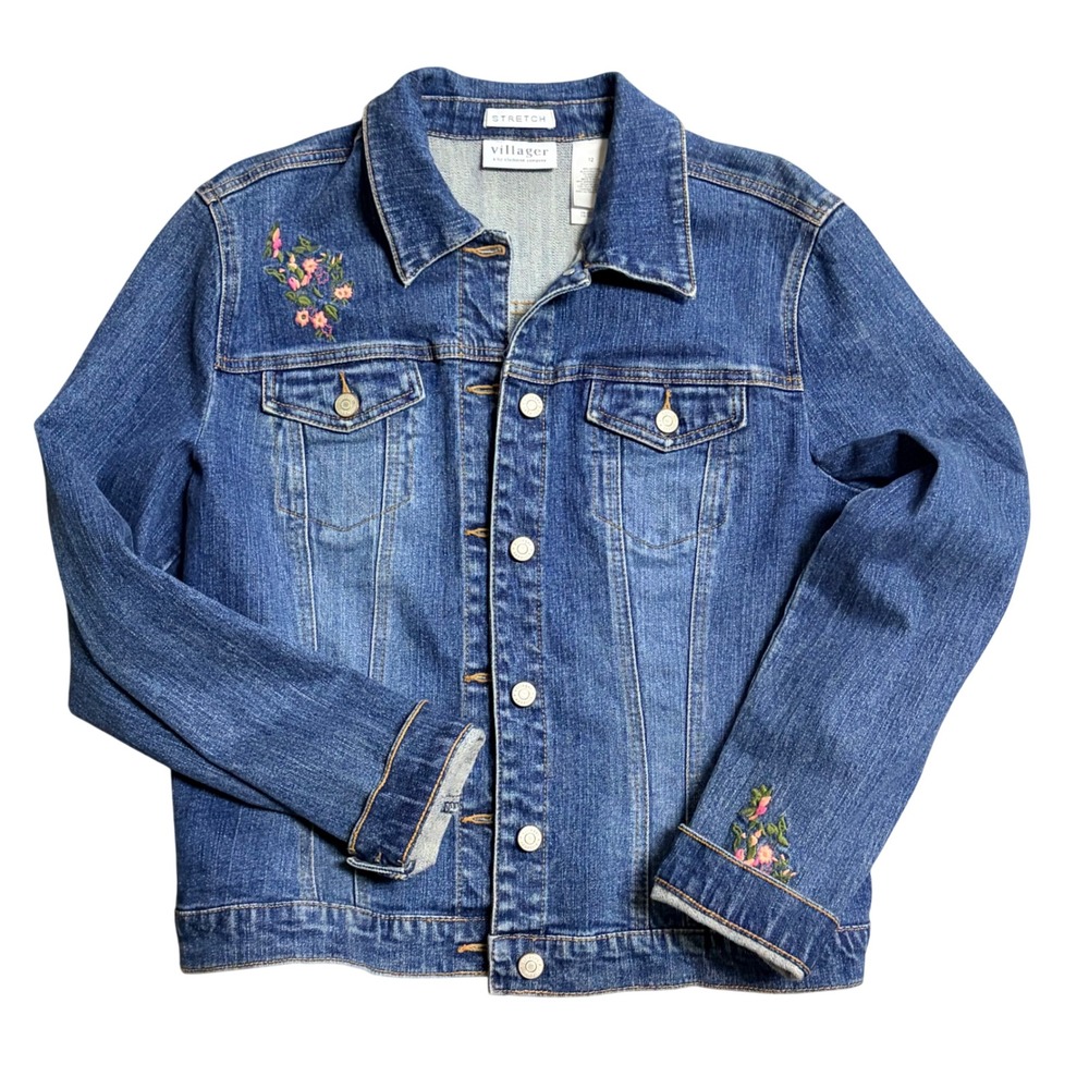 Villager Liz Claiborne Floral Embroidered Denim Jacket Medium Wash Stretch Sz 12